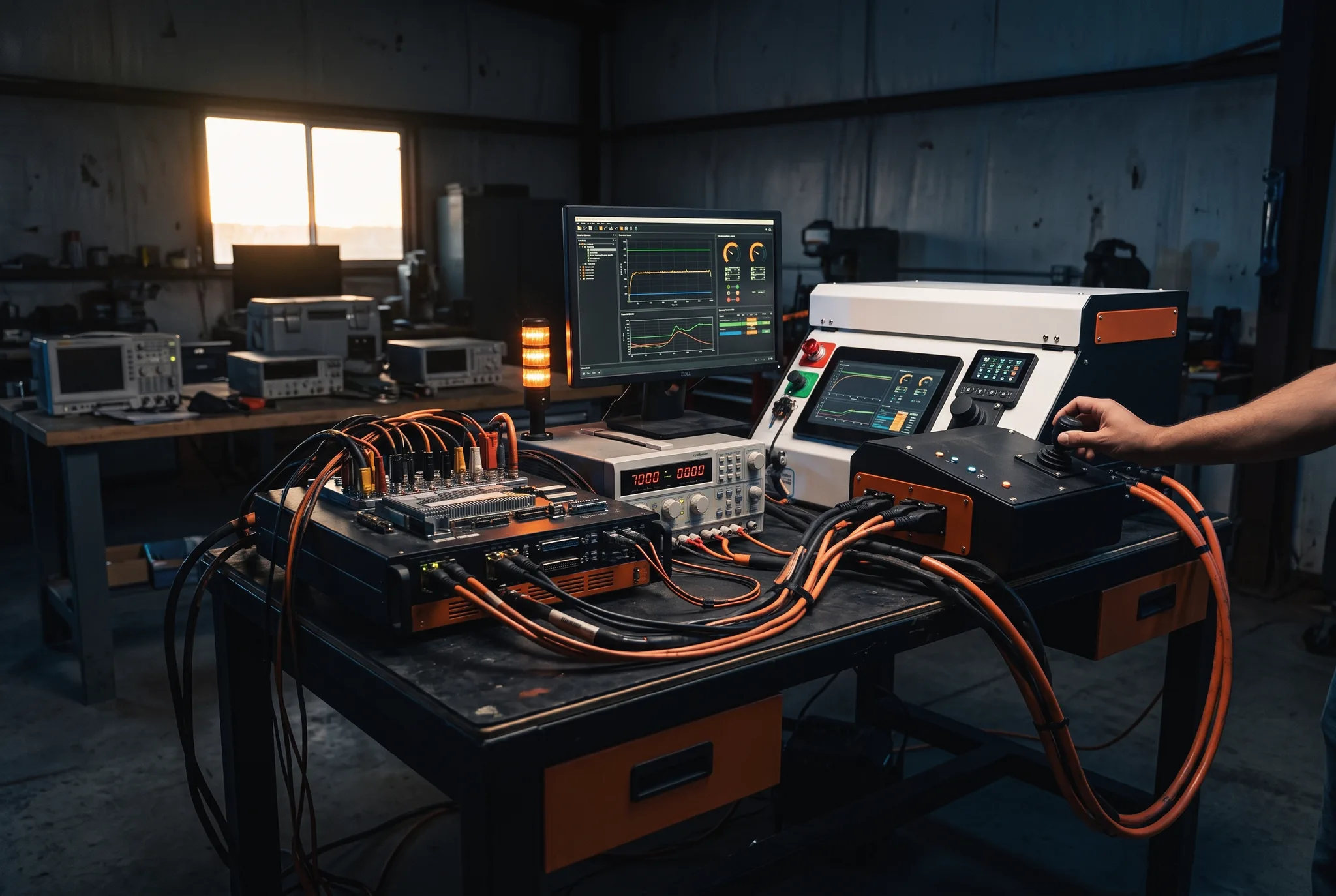 Bench hardware-in-the-loop rig with controller and instruments