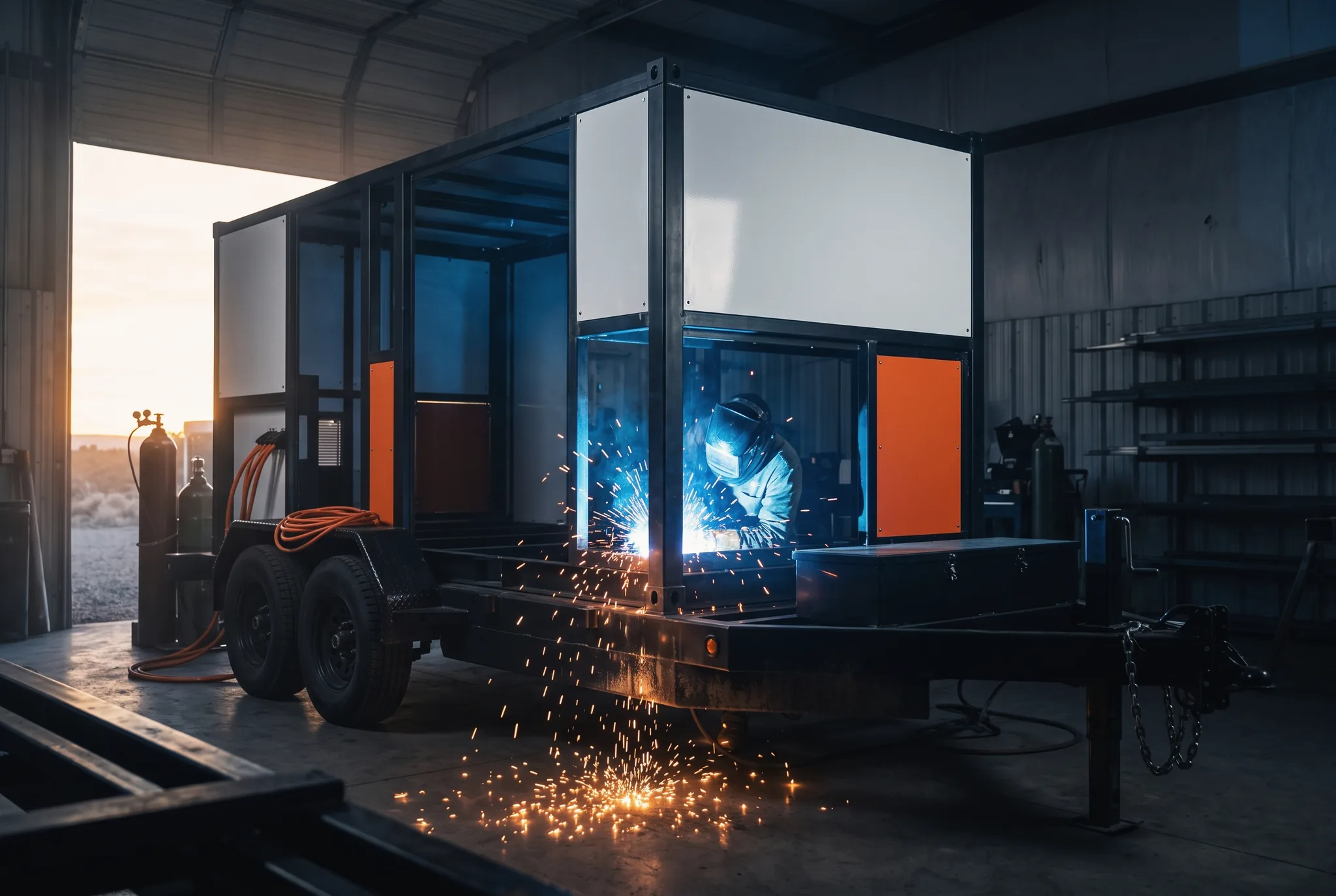 Welder working on a heavy steel trailer frame