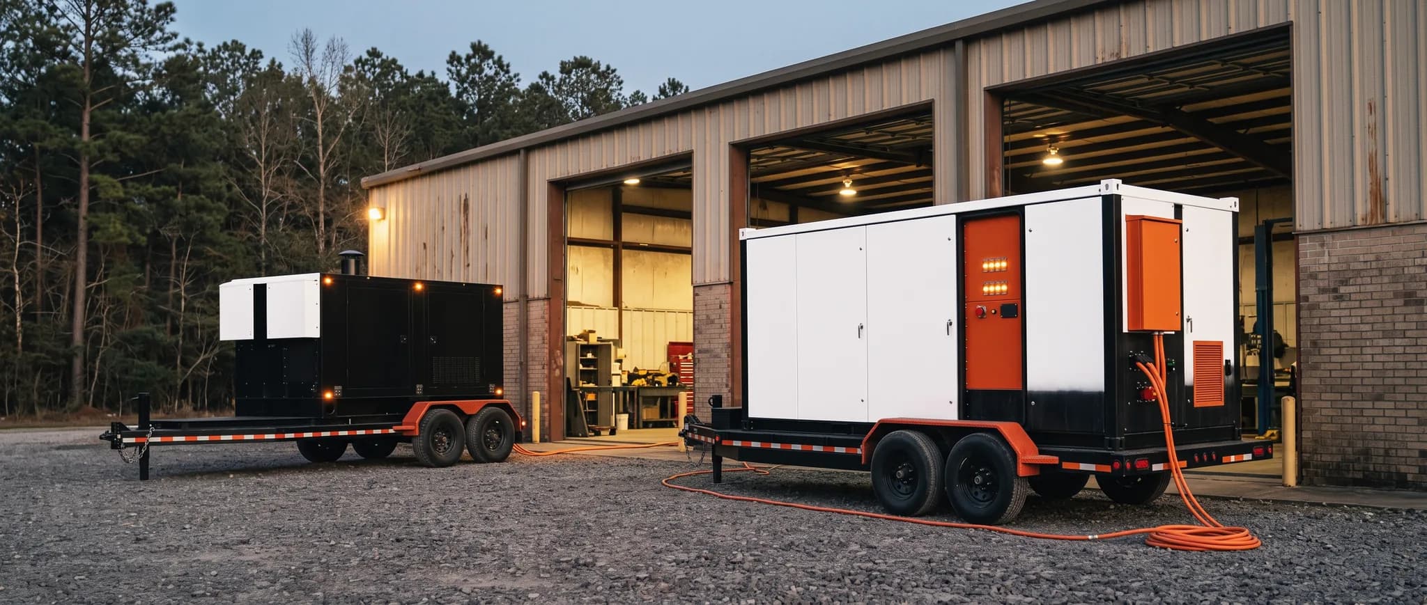 Light-industrial manufacturing building at dusk with bay doors lit