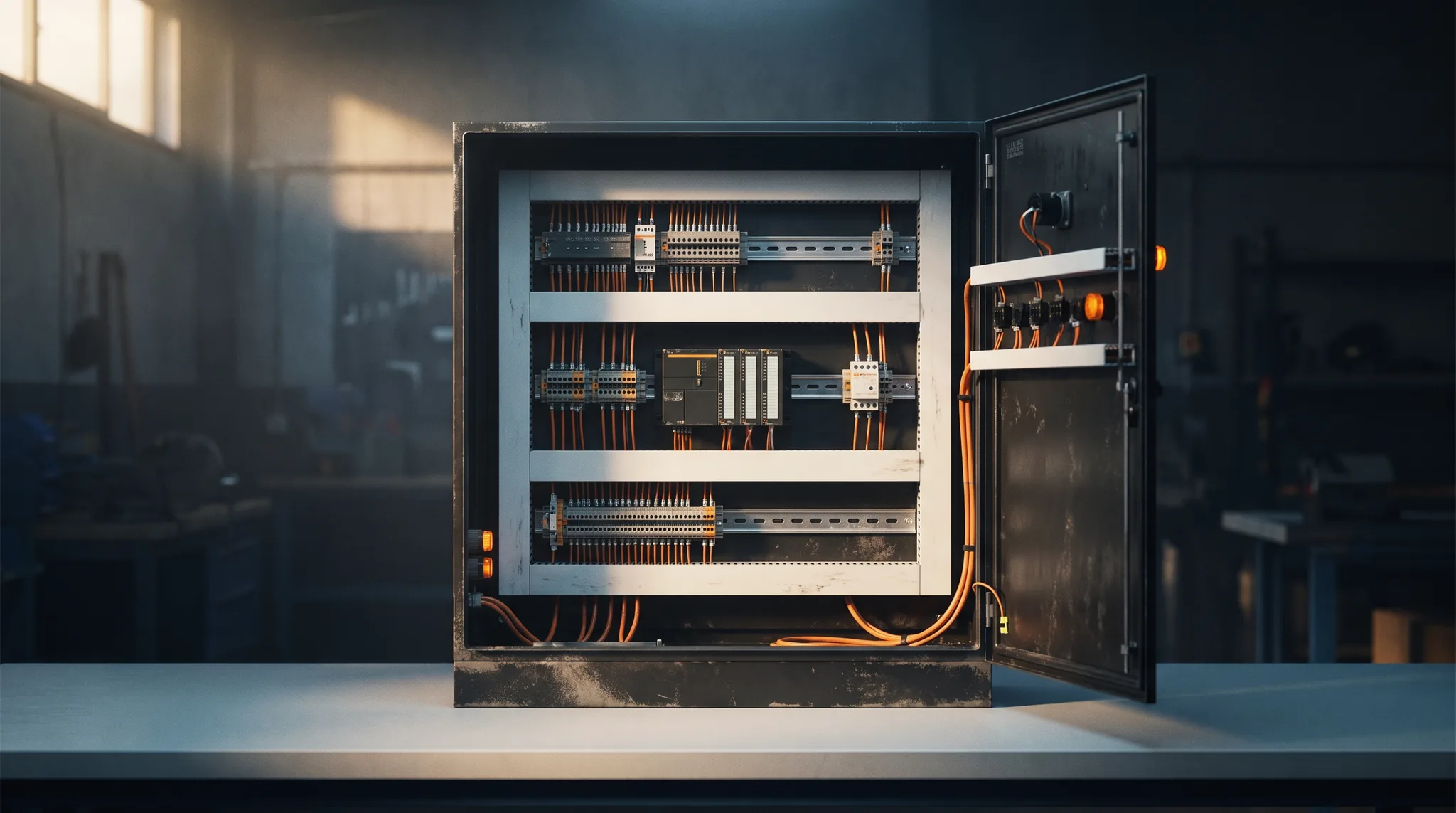 Open control cabinet with orderly wiring, DIN rail, and controller module