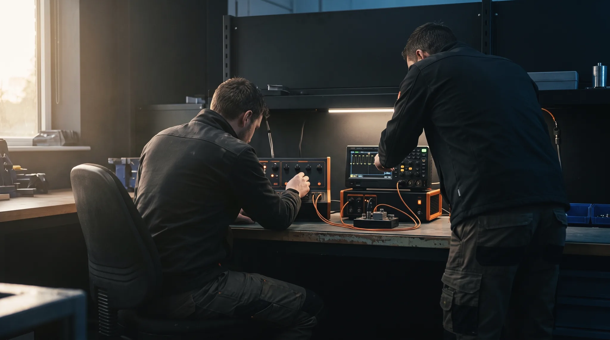 Two engineers at a bench with an instrumented controller and oscilloscope