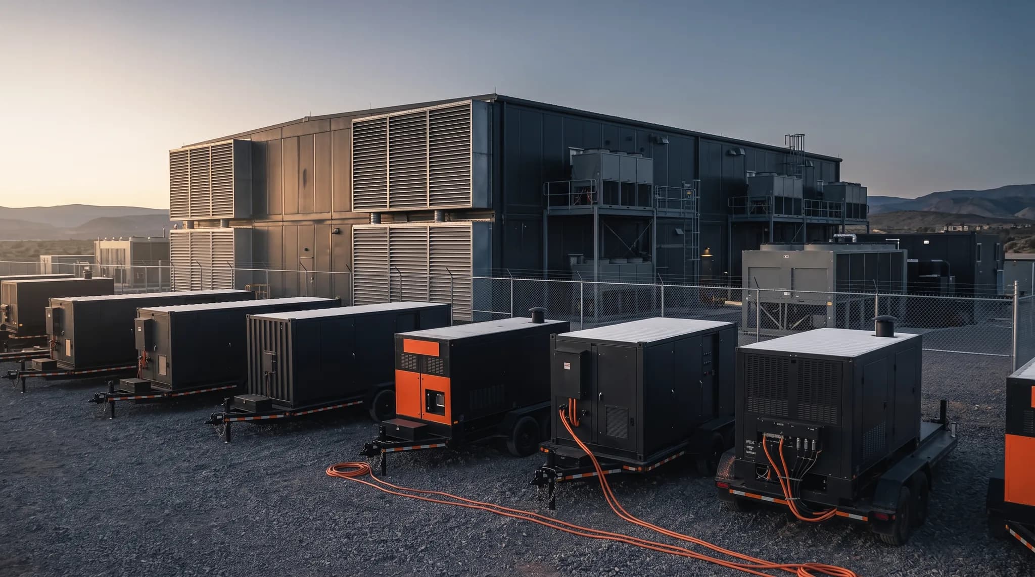 Mobile power trailers staged outside a modular data center