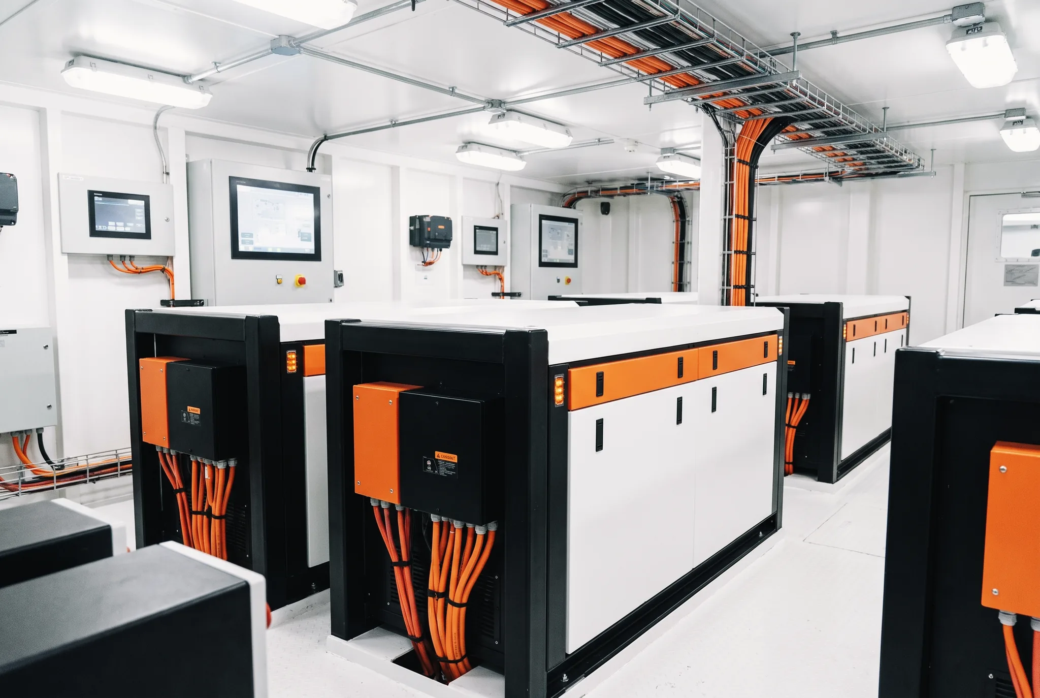 Vessel engine control room with screens and inverter cabinets