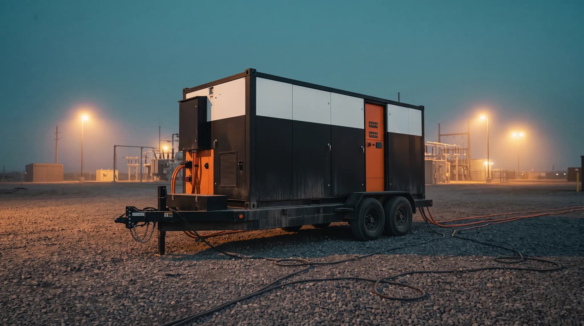 Substation perimeter at dusk with a mobile unit connected