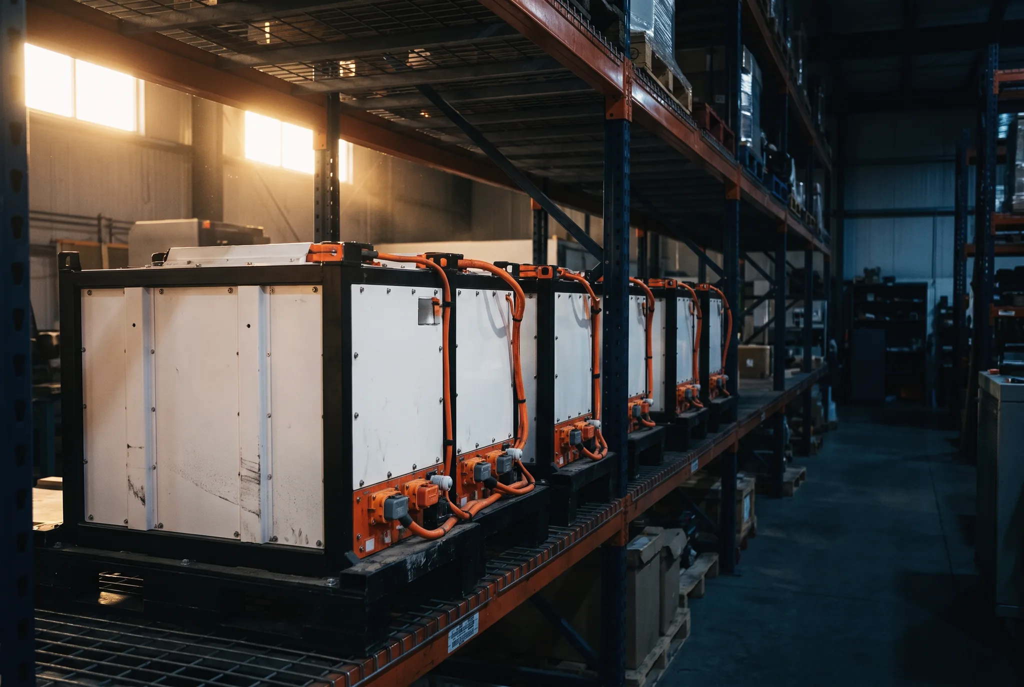 Row of finished battery packs on a pallet rack awaiting test