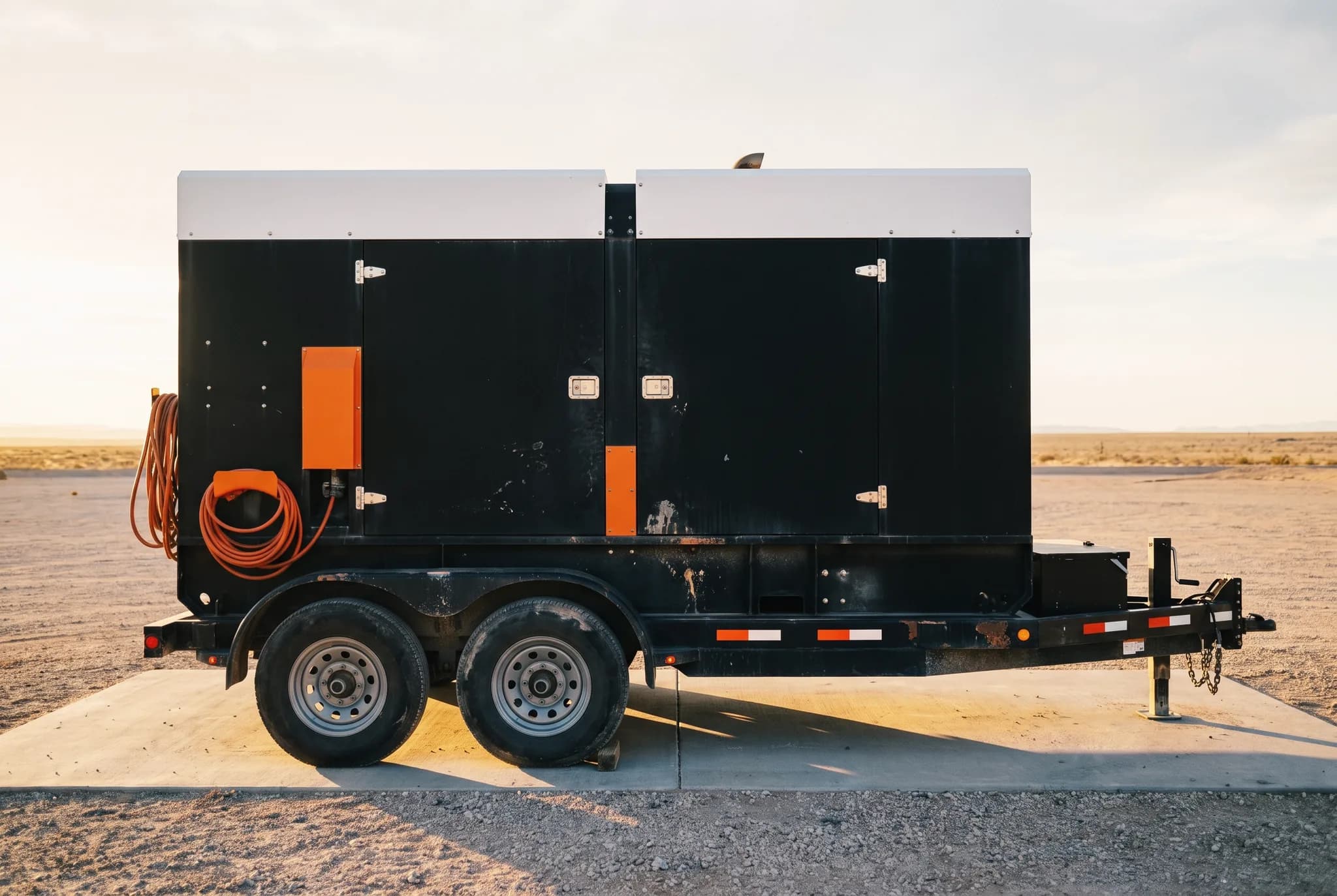 Natural gas DC generator module on a trailer, side elevation