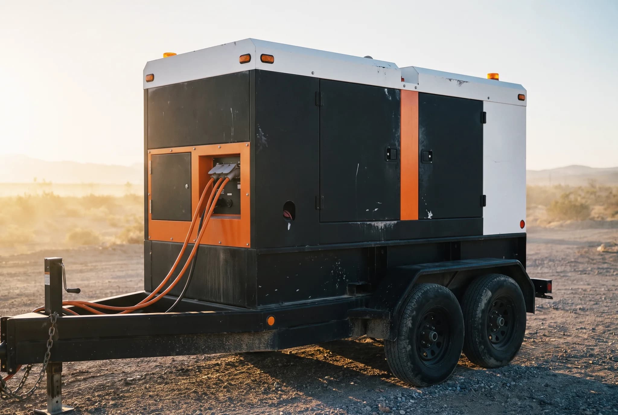 Diesel DC generator module on a trailer, three-quarter front