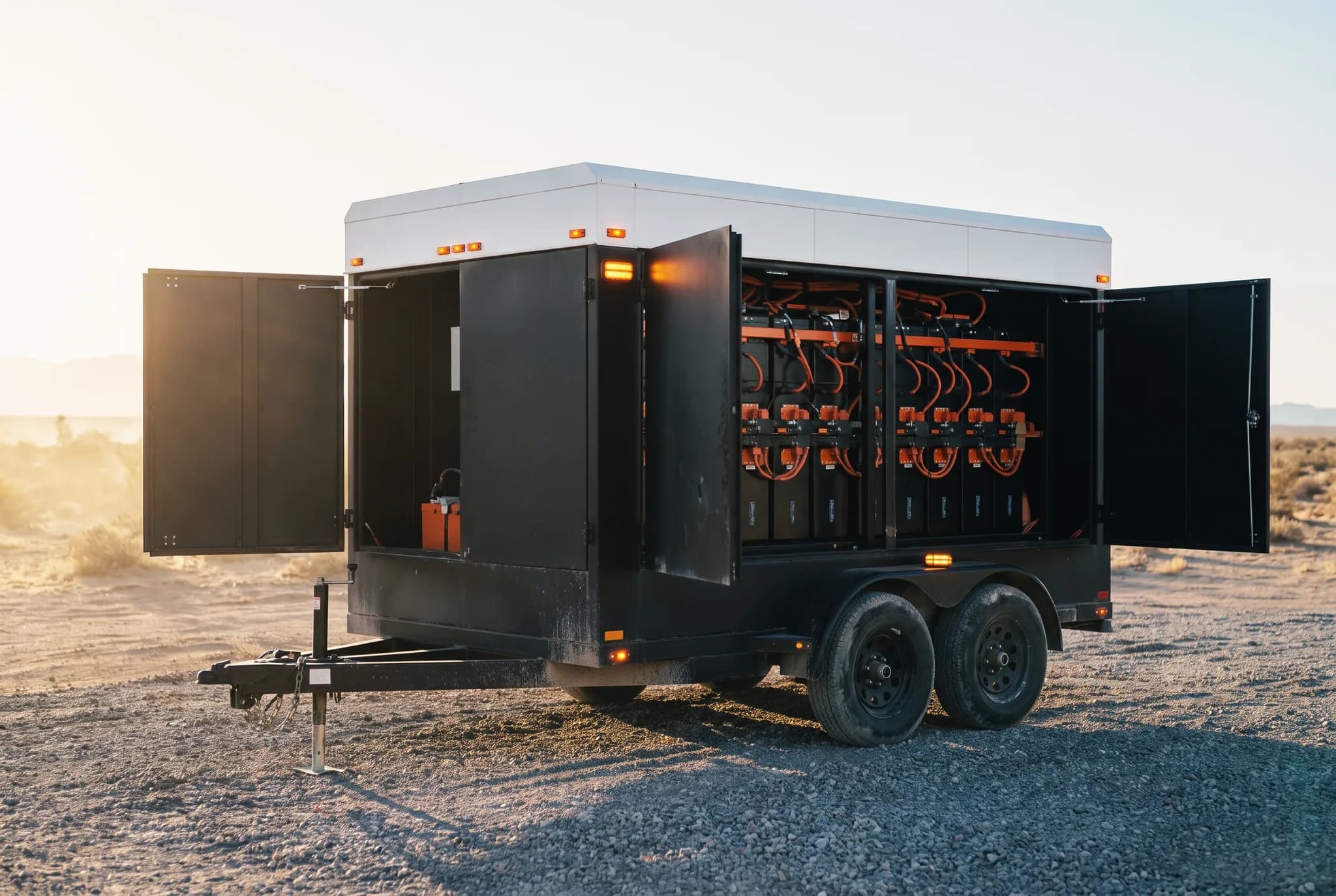 Supercapacitor bank module trailer with doors open