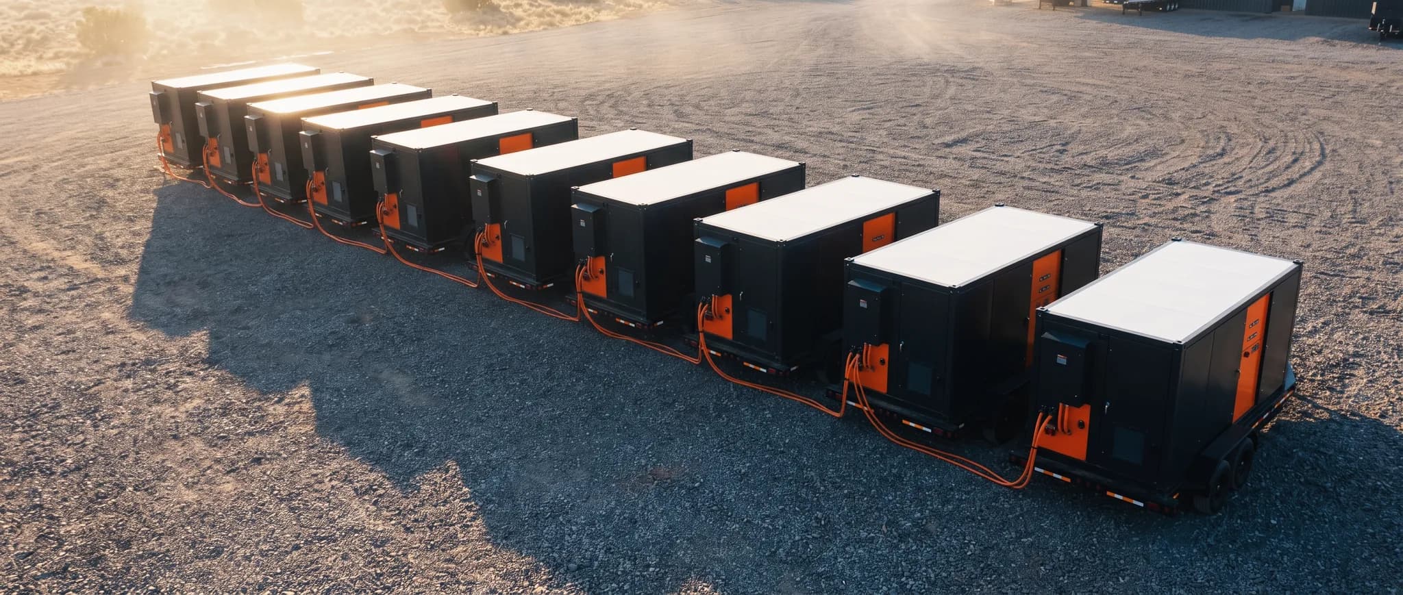 Ten power modules paralleled in a long line, aerial view at golden hour