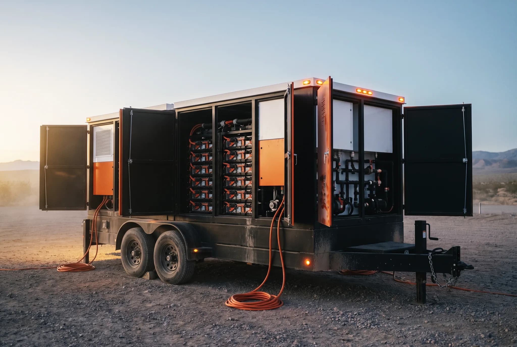 Trailer-mounted battery energy storage unit with doors open showing racked modules