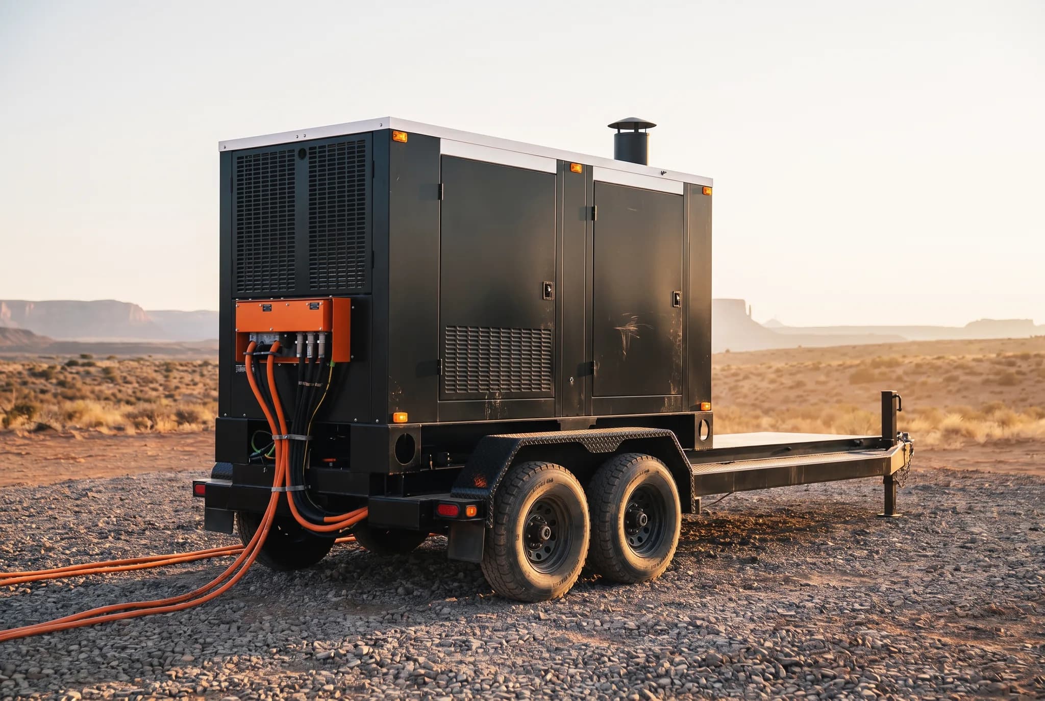 Variable-speed industrial DC genset trailer at golden hour