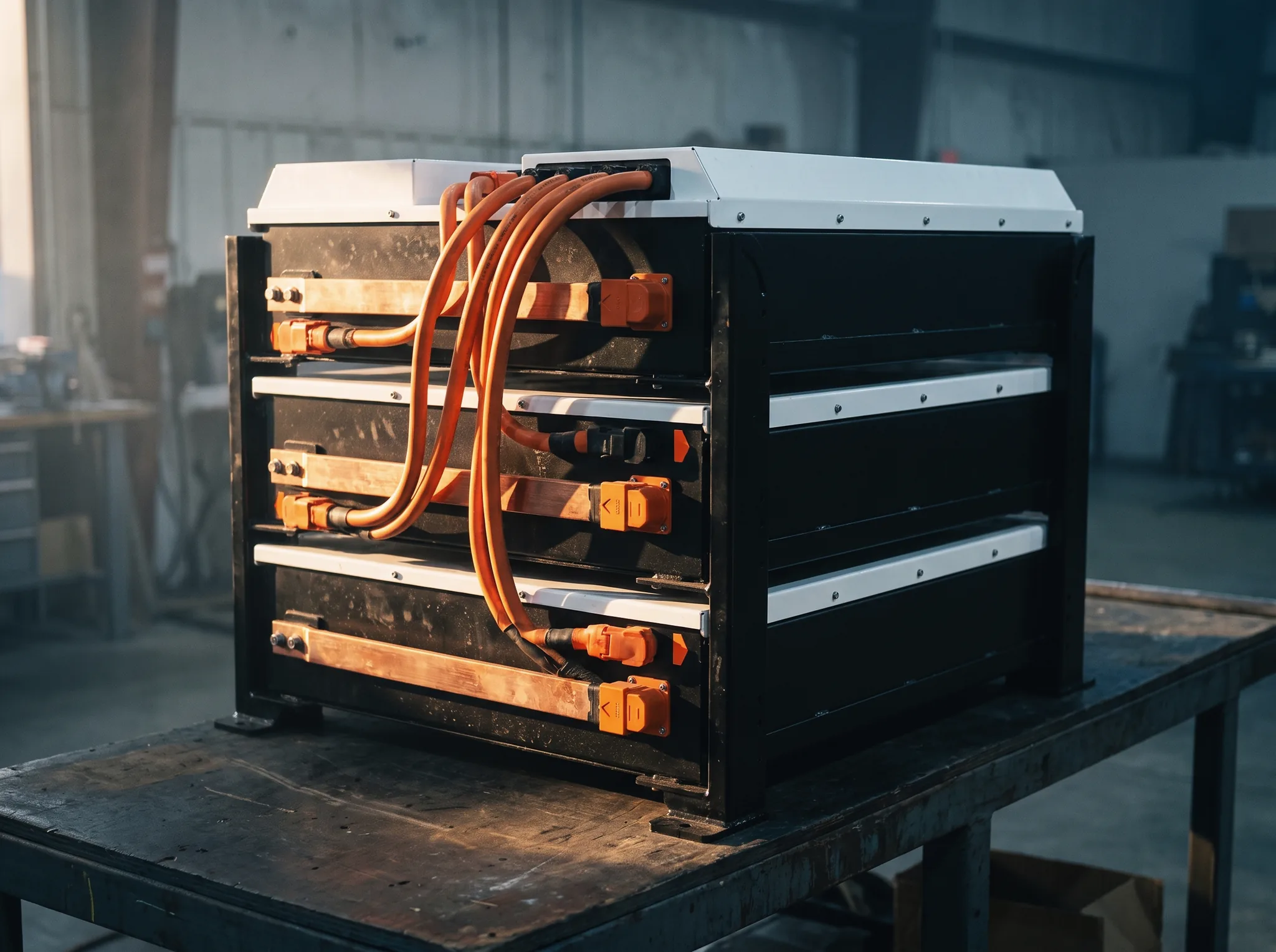 High-current starter battery system with heavy copper busbar